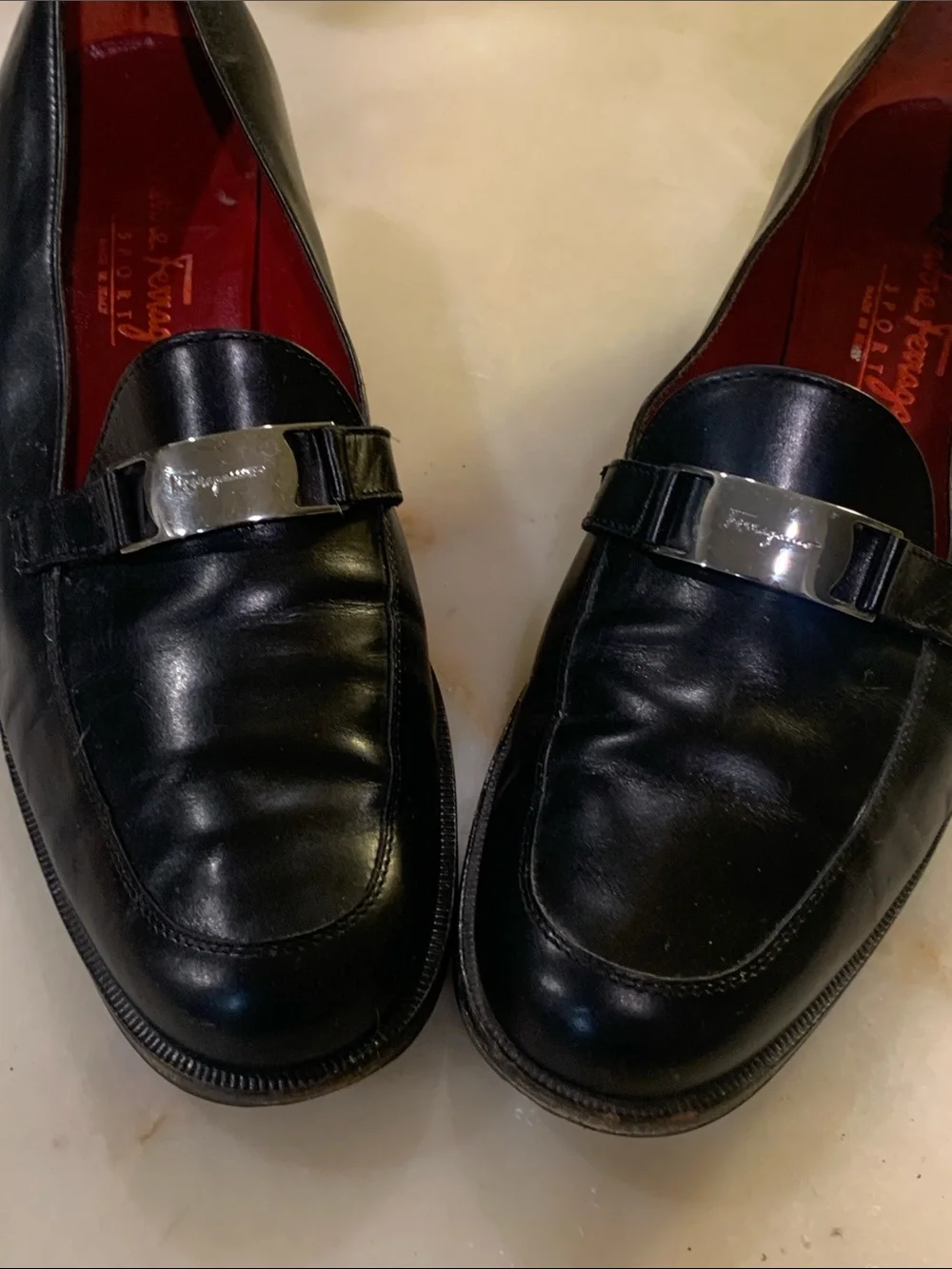 Salvatore Ferragamo Black Leather Loafers with Silver Buckle